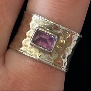 Stunning sterling silver ring, hammered wide band, purple stone. Size 7